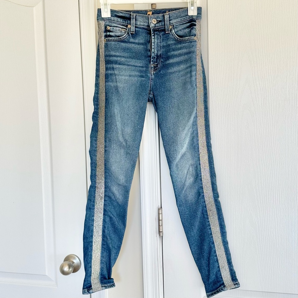 7 For All Mankind The High Waist Skinny Ankle Silver Stripe Medium Wash Jeans